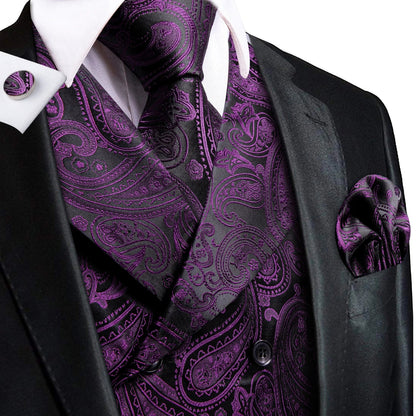 Dark Purple Men Vest Elegant Silk Paisley Jacquard Waistcoat Jacket NeckTie Hanky Cufflinks for Men Business Party Hi-Tie