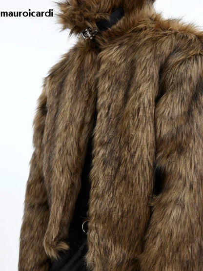 Winter Short Thick Warm Brown Hairy Soft Faux Fur Coat Men with Turn-down Collar Long Sleeve Fluffy Jackets 2024
