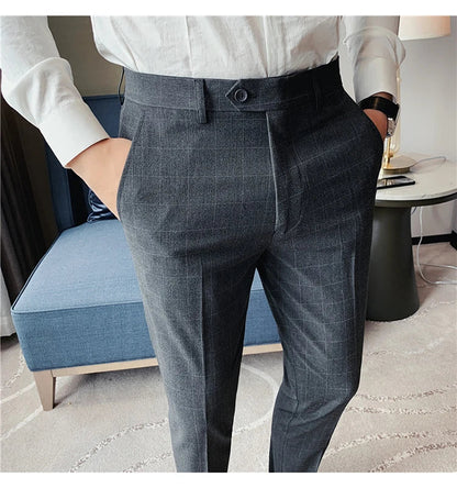 2026 High Quality Men's Plaid Striped Suit Pants Fashion Business Slim Fit Casual Straight Pants Formal Wedding Party Trousers