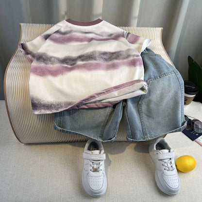 Korean Children's Summer Clothes Kids Set Outfits Boys 2026 Handsome Sleeveless&Short Sleeved T-shirt Denim Shorts 2-piece Set