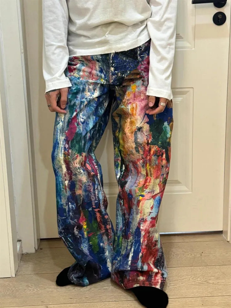 2026 Ropa Y2K Streetwear Graffiti Painting Baggy Jeans Pants For Men Designer Clothes Colorblock Kanye Wide Leg Denim Trousers
