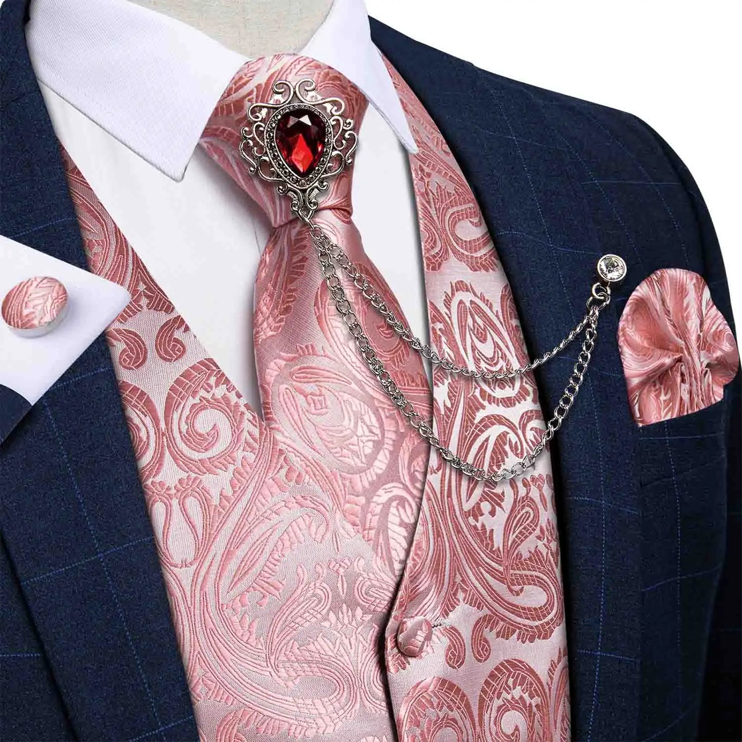New Teal Green Paisley Formal Dress Vest Men's Suit Vest Waistcoat Tie Brooch Pocket Square Set for Tuxedo