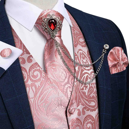 New Teal Green Paisley Formal Dress Vest Men's Suit Vest Waistcoat Tie Brooch Pocket Square Set for Tuxedo