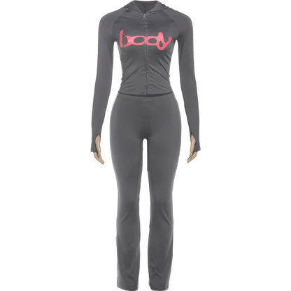 Letter Print 2 Piece Set Women Tracksuit Hooded Jacket+Leggings Matching Stretch Streetwear Casual Sporty Outfits