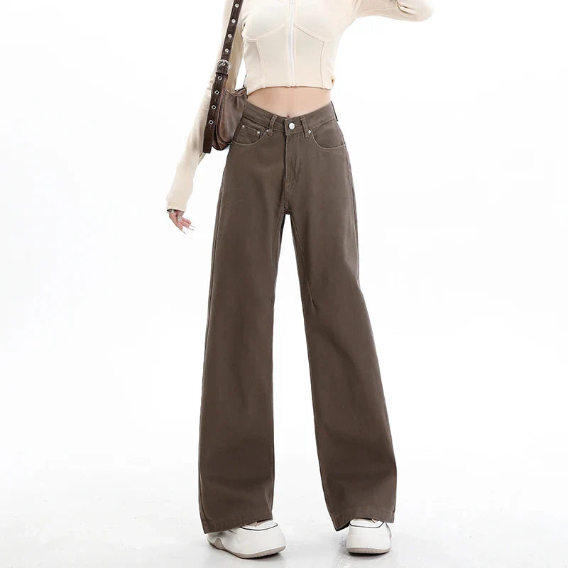 Baggy High Street Fashion Straight brown Jeans for Women's Y2k High Waist Female Clothing Solid Color Casual Wide Denim Trousers