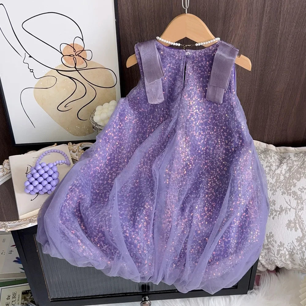 Summer New Girls' Sequined Lace Bow Bubble Princess Dress Korean Version Fashionable Solid Color Kids Clothes 2-7 Years Old