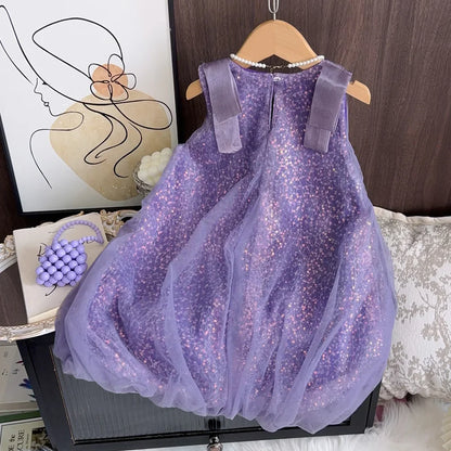 Summer New Girls' Sequined Lace Bow Bubble Princess Dress Korean Version Fashionable Solid Color Kids Clothes 2-7 Years Old