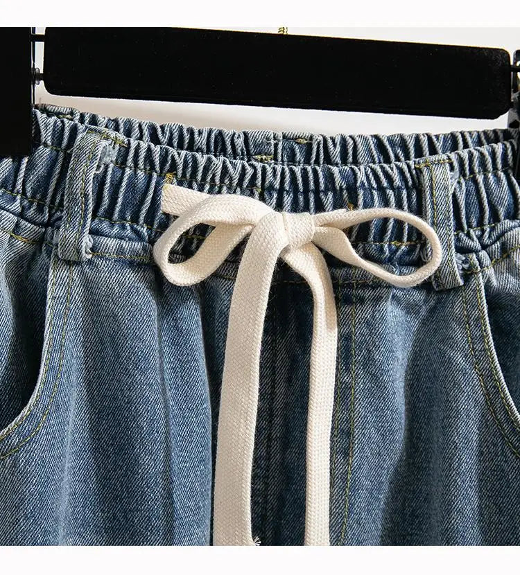 High Waist Wide Leg Cotton Denim Dstring Loose Fit Women's Autumn 2024 Slimming Effect Pure Cotton Casual Trousers