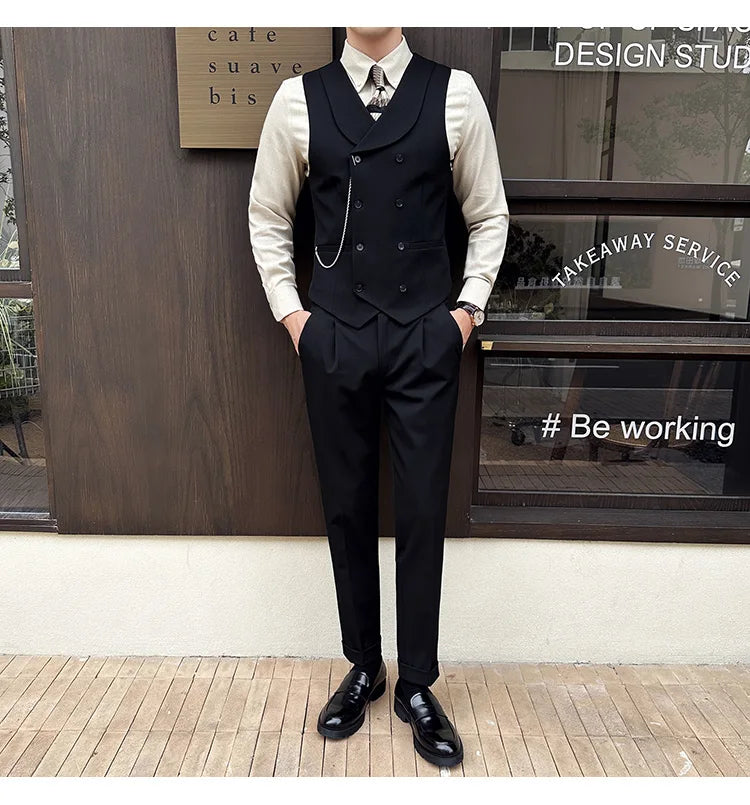 ( Vest + Pants) Men Luxury Double Breasted Design Suit Vest 2 pieces Formal Groom Wedding Dress Vest Set Fashion Club Clothing