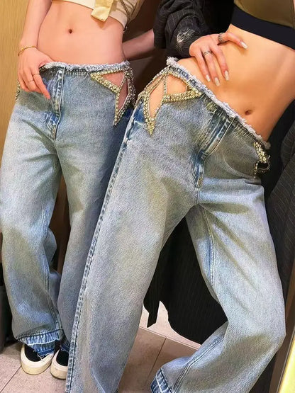 Y2K American Retro Star Cut-Out Embellished Women Blue High-Waisted Fashion Hip-Hop Streetwear Casual Loose Denim Jeans