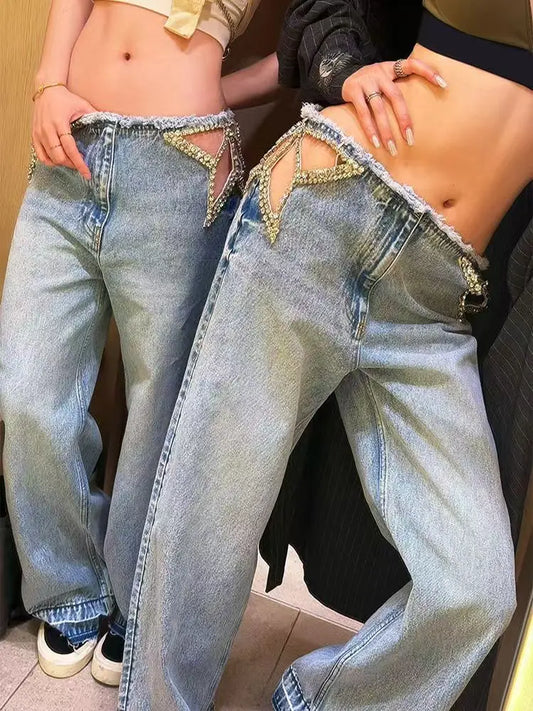 Y2K American Retro Star Cut-Out Embellished Women Blue High-Waisted Fashion Hip-Hop Streetwear Casual Loose Denim Jeans