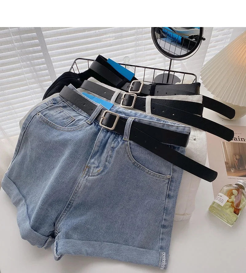 Wide Leg Denim Shorts With Belt Women Summer High Waist Pocket Hot Pants Streetwear Korean Fashion Casual Cowboy Jeans Shorts