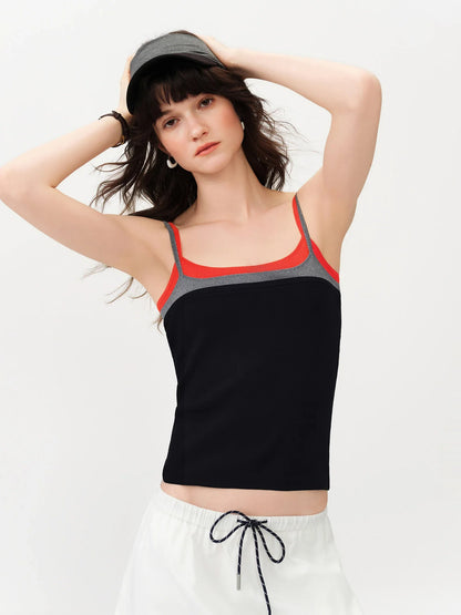2026 Summer Women Color Block Contrast Trim Cami Top, Navy Slim Fit Cropped Vest for Y2K Daily Layering Style Chic Hot Girl
