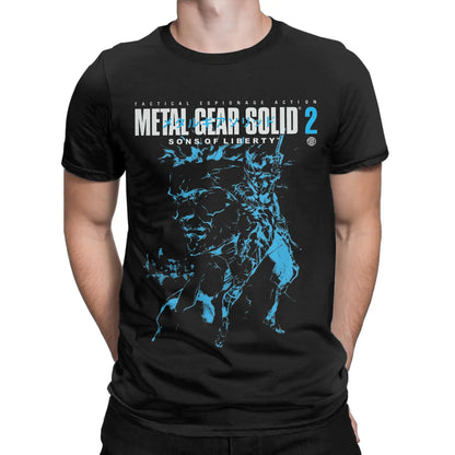 Men T-Shirts Metal Gear Solid 2 Vintage Pure Cotton Tee Shirt Short Sleeve Snake and Raiden Cover T Shirts  Collar Tops Unique