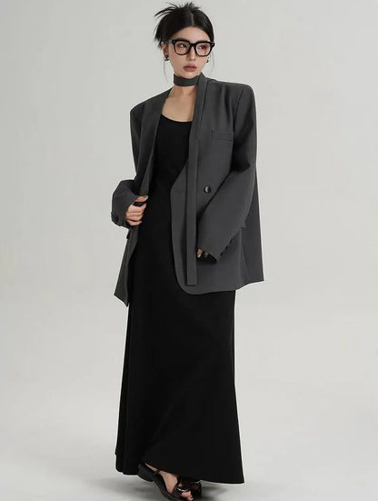 Fashion Collarless Blazers Jacket Ladies Korean Streetwear Design Belt Temperament Blazer Woman Chic Long Sleeve Loose Suit Coat