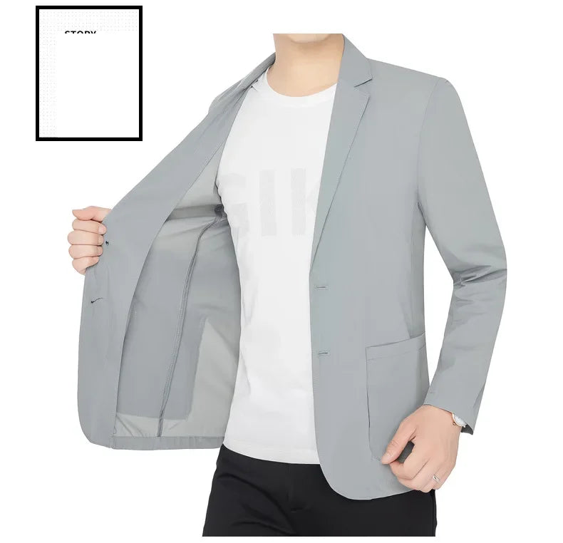 Brand Summer Men Blazers Gray Solid Color Thin Anti Wrinkle Quick Drying Soft Business Suit Blazer Jacket for Man