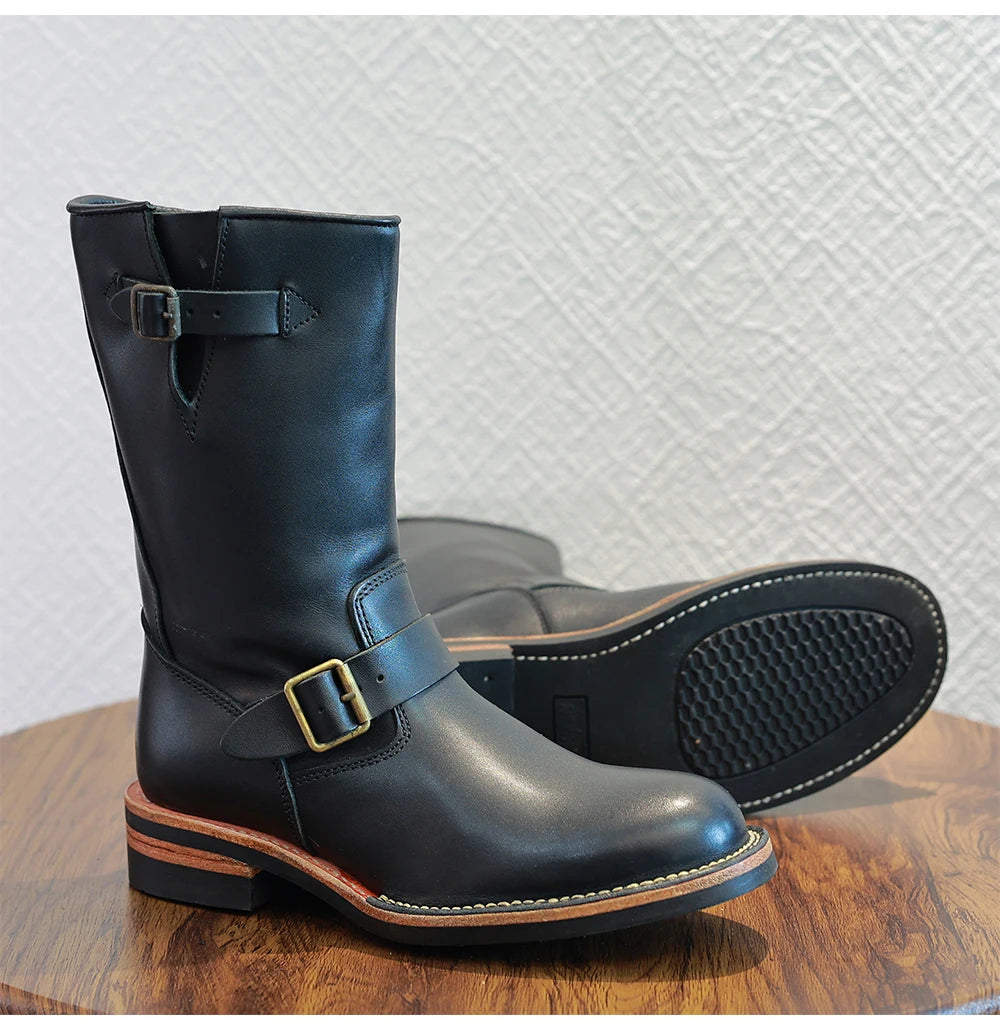 Retro American Motorcycle Boots Long Tube Genuine Leather Engineer Boots Men Knight Style Boots Outdoor Youth Fashion Boots