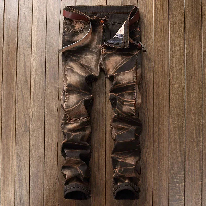 2026 Men's Fashion Vintage Jeans Slim Straight Leg Tie Dye Pleated Biker Denim Pants Male Casual Pants Oversized 42 High Quality
