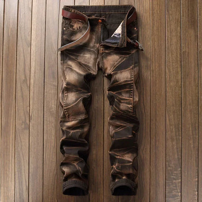 2026 Men's Fashion Vintage Jeans Slim Straight Leg Tie Dye Pleated Biker Denim Pants Male Casual Pants Oversized 42 High Quality