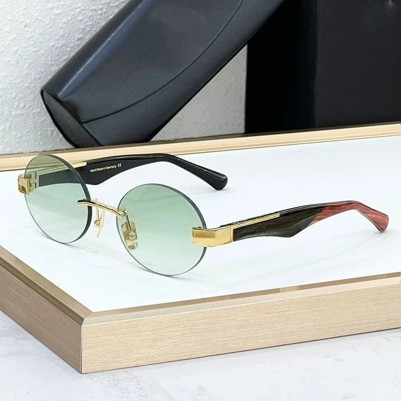 High Street Rimlesss Sunglasses Oval Alloy Acetate High Quality for Men Women Classical Vintage UV400 with Case