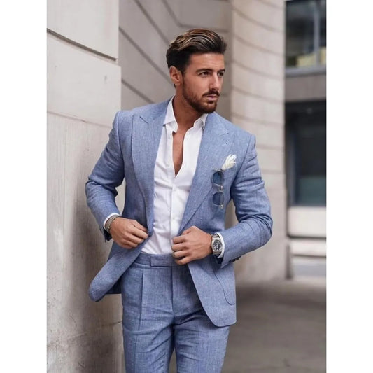 Men's Linen Suit 2 Piece Slim Fit Suit Summer Beach Wedding Suit Groosmen Prom Tuxedo Linen Blazer Pants Set