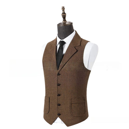 Men's Vintage Herringbone Waistcoat Single Breasted Notch Lapel Formal Vest Business Sleeveless Suit Gilet For Wedding Party