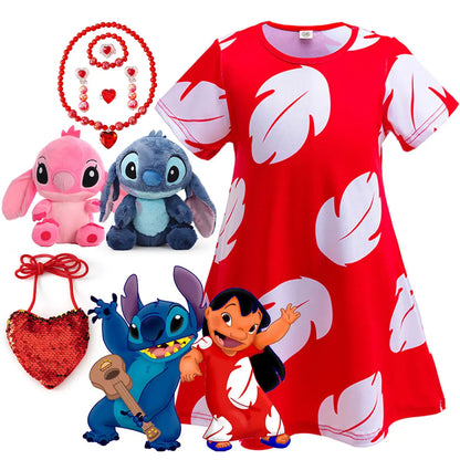 Costume Girl Cosplay Red Dress Short Sleeve Pajamas Hawaiian Printed Dress Summer Beach Outfit + Stitch Doll Set