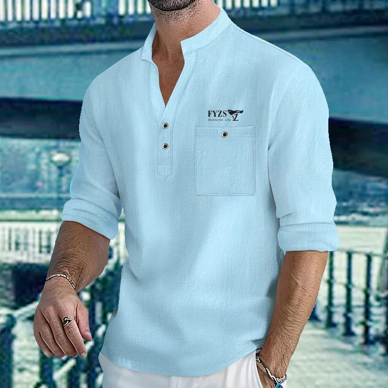 Men Mandarin Collar Long Sleeve Henley Cotton Linen Shirt With Chest Pocket Breathable Lightweight Beach Travel Daily Casual Top