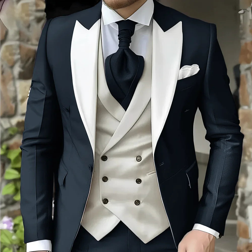 Men's Elegant Peak Lapel Tuxedo 3-Piece Suit with Blazer Vest Formal Men's Suit for Business Prom Business Dinner