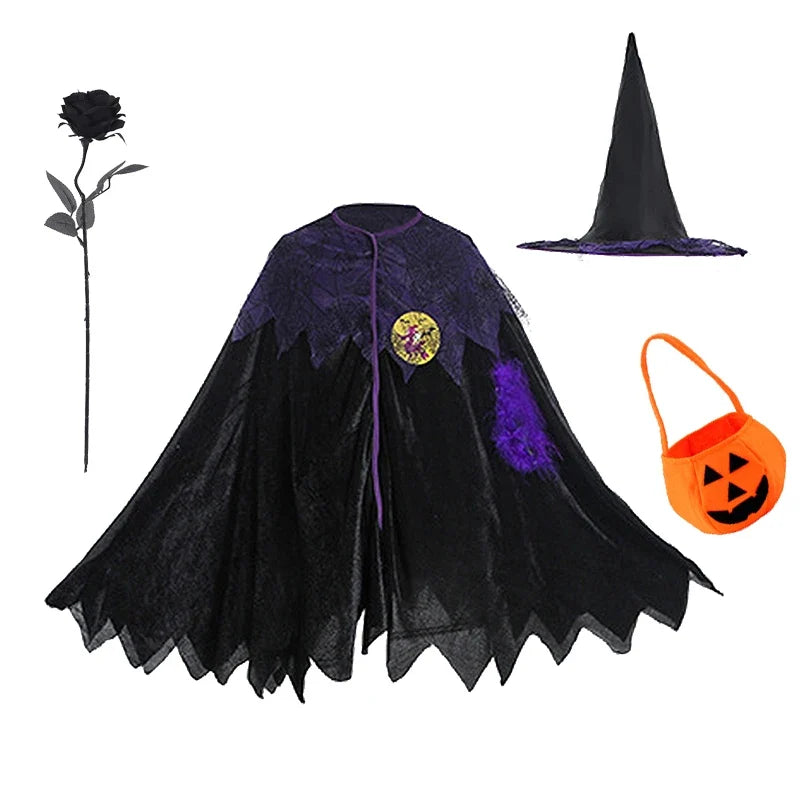 Kids Witch Halloween Costume Witch Cosplay Dress and Magic Hat Set Carnival Party Clothes for Girls Gothic Vampire Costume