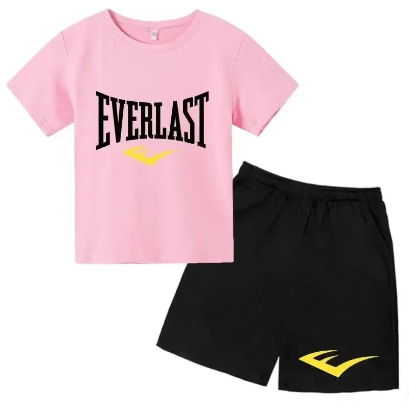 Kids Summer Leisure Simple Letter Print 2pcs O-neck Tees+Shorts Pants Sportsuits 2-13 Years Boys Girls Streetwear Children Sets