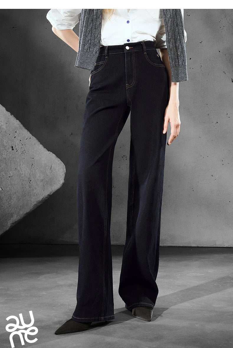 Women Denim Jeans 2025 Autumn New Lycra Stretch Straight Wide Leg Long pants