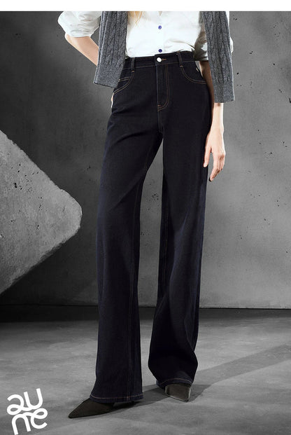 Women Denim Jeans 2025 Autumn New Lycra Stretch Straight Wide Leg Long pants