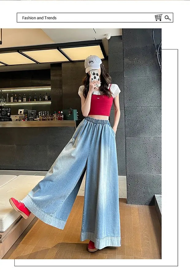 Casual High Waist Wide Leg Jeans Women's Loose Fit Summer Faion plus Size American Sle Cuffed Casual Denim Skirt Pants
