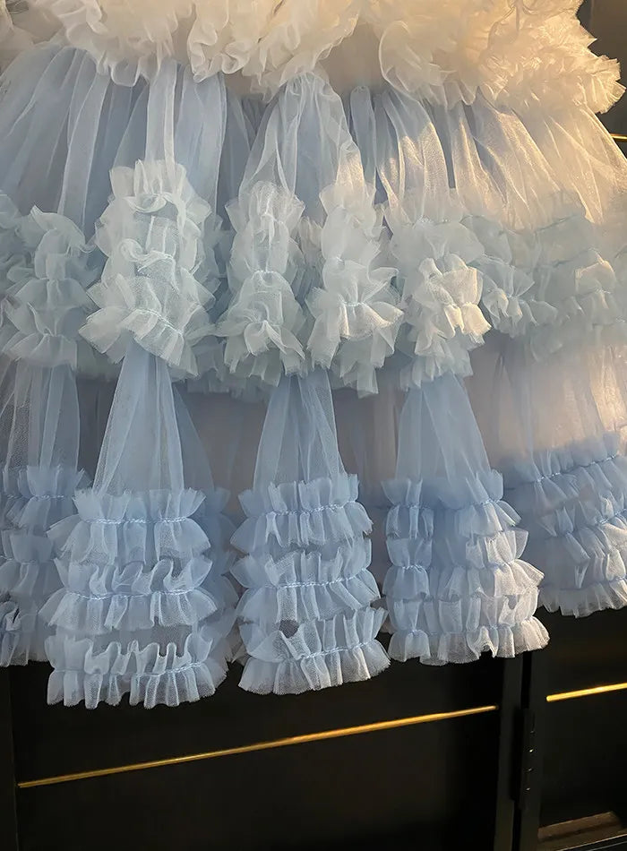 Sweet Little Girls Spring and Summer New Heavy Princess Gown Childrens Puff Sleeve Pearl Sequined Mesh Birthday Party Cake Dress