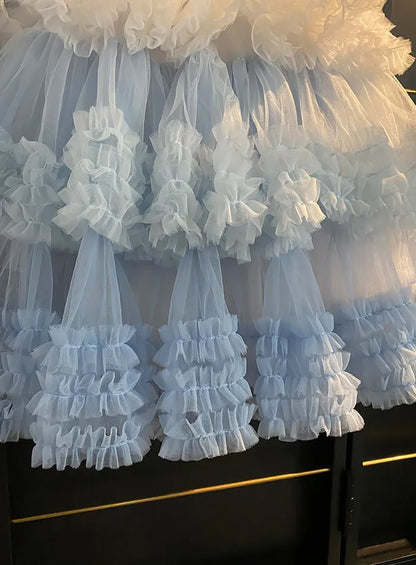 Sweet Little Girls Spring and Summer New Heavy Princess Gown Childrens Puff Sleeve Pearl Sequined Mesh Birthday Party Cake Dress