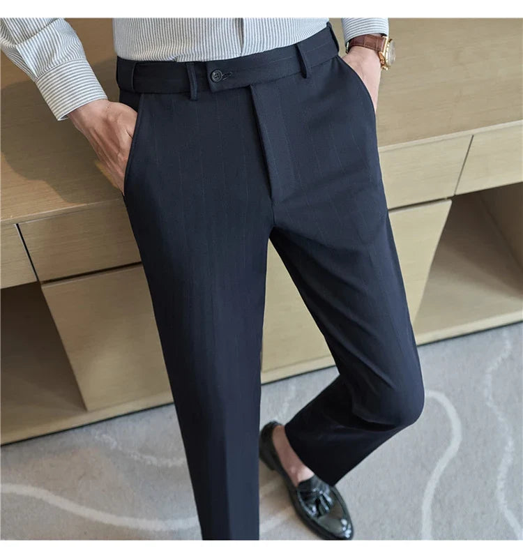 High Qualitys Wool Elastic Waist Striped Suit Pants Autumn Winter Thickening Men Business Slim Fit Social Casual Trousers Hommes