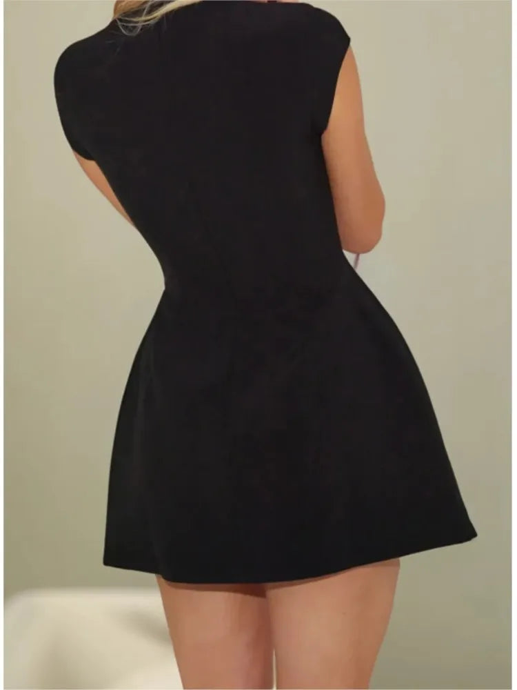 Casual Pretty Sleeveless Slim Mini Dress Women 2024 Summer Sexy O Neck High Waist Black Short Dresses Elegant