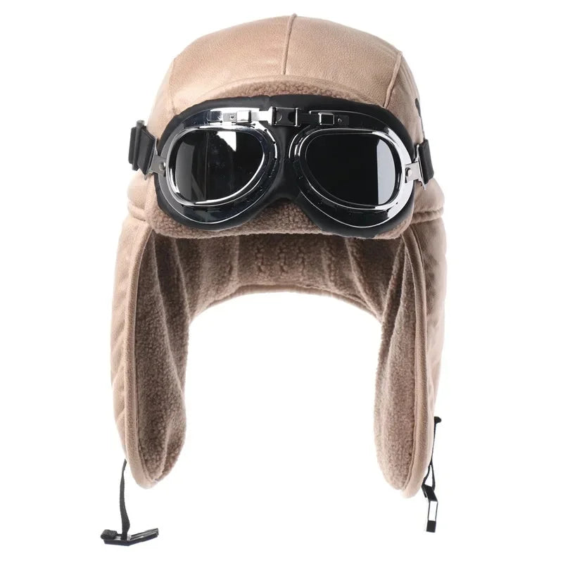 Men Winter Bomber Hat With Goggles Outdoor Motorcycle Windproof Warm Faux Fur Pilot Earflap Hat Leather Thermal Ushanka