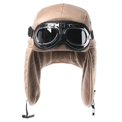 Men Winter Bomber Hat With Goggles Outdoor Motorcycle Windproof Warm Faux Fur Pilot Earflap Hat Leather Thermal Ushanka