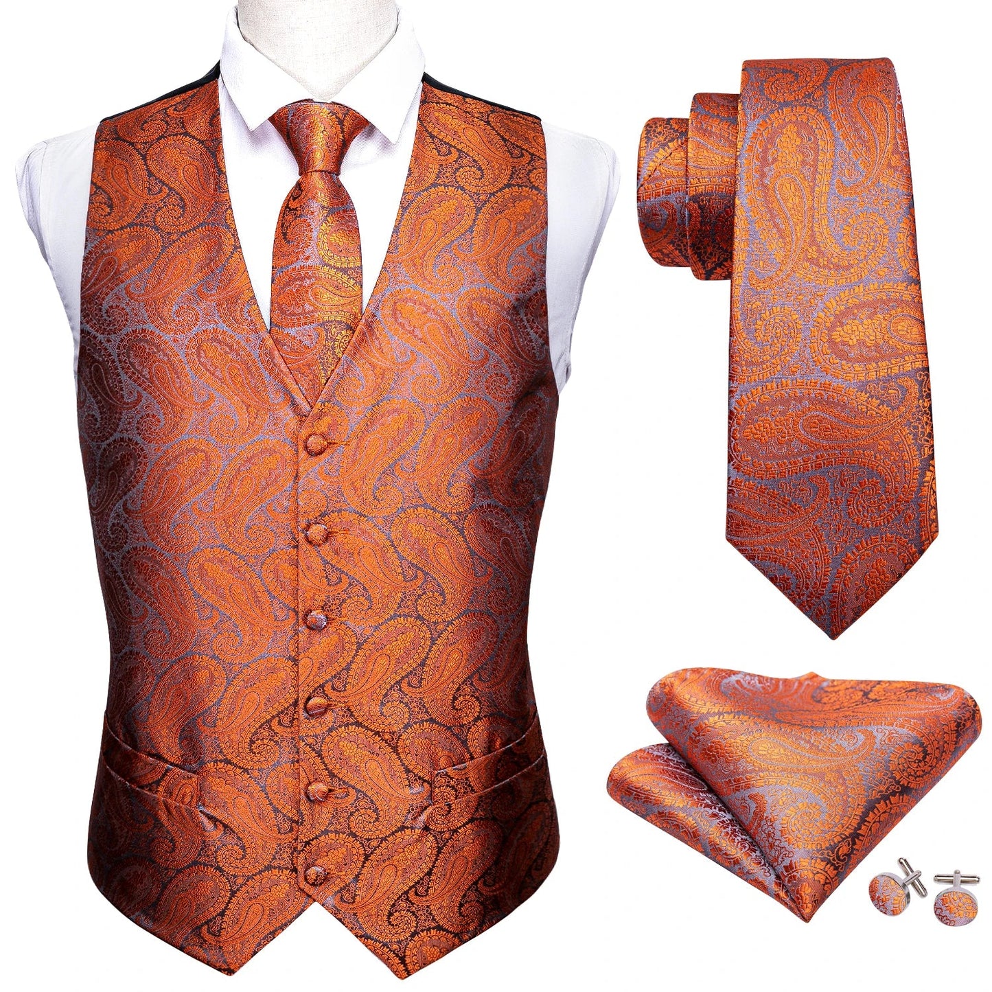 Men's Fashion Orange Paisley V-Collar Vest Waistcoat With Hankerchief Cufflinks Fit Wedding Party Gift Daily Banquent