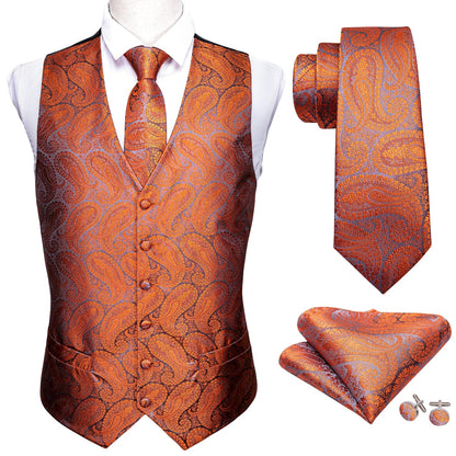 Men's Fashion Orange Paisley V-Collar Vest Waistcoat With Hankerchief Cufflinks Fit Wedding Party Gift Daily Banquent