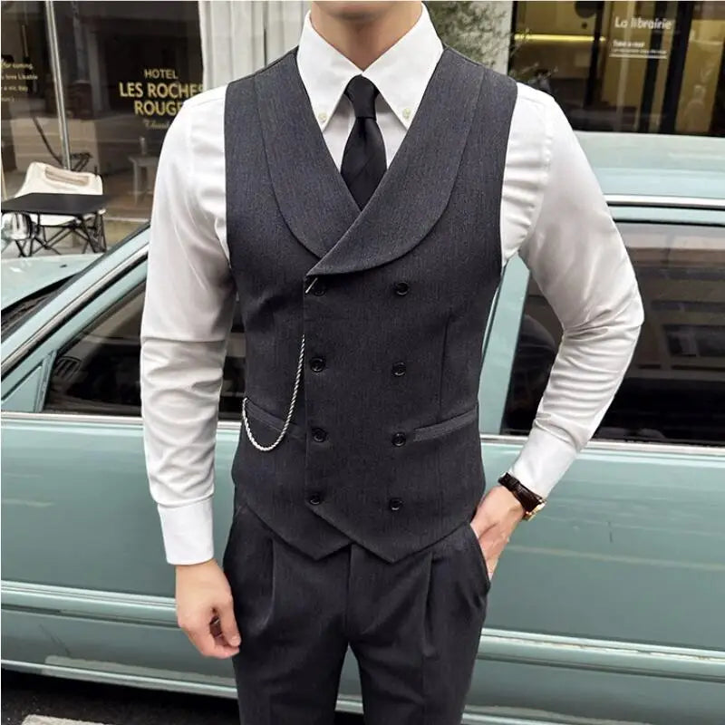 ( Vest + Pants) Men Luxury Double Breasted Design Suit Vest 2 pieces Formal Groom Wedding Dress Vest Set Fashion Club Clothing