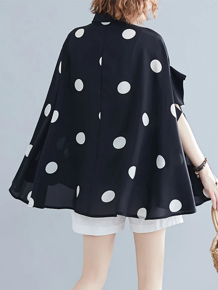 Black Vintage Polka Dot Print Blouse Women New Chiffon Lapel Short Sleeve Loose Casual Shirt Tops Fashion Summer Clothes 2026