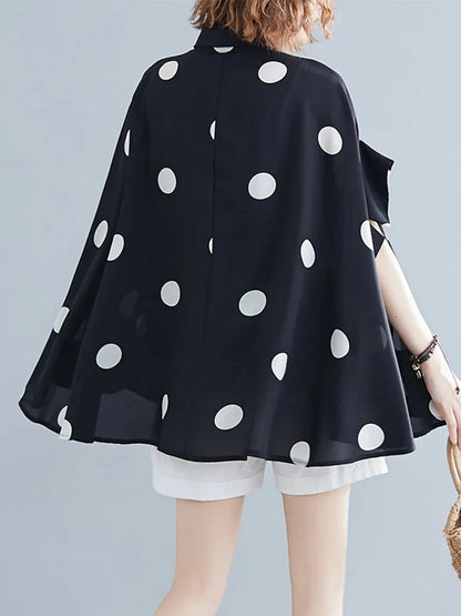 Black Vintage Polka Dot Print Blouse Women New Chiffon Lapel Short Sleeve Loose Casual Shirt Tops Fashion Summer Clothes 2026