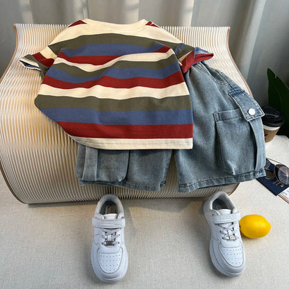 Korean Children's Summer Clothes Kids Set Outfits Boys 2026 Handsome Sleeveless&Short Sleeved T-shirt Denim Shorts 2-piece Set