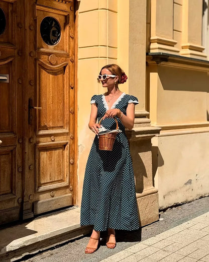 2025 Women Navy Blue Polka Dot Long Dress Lace Trim V Neck Short Sleeve A-line Elegant Holiday Dresses Summe Maxi Robe