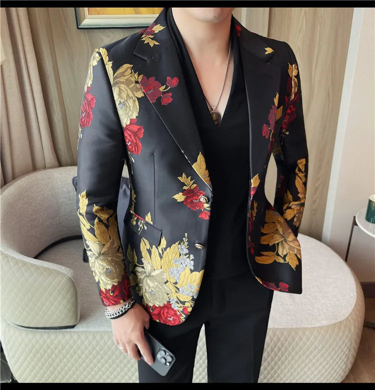 New Men Embroidered Jacquard Slim Fit Casual Suit Jacket Formal Prom Party Stage Costume Man Tuxedo Gentleman Blazers Suit Tops