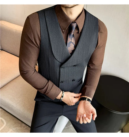 ( Vest+Pants) Autumn Winter Thicken Wool Striped Suit Vest 2 pieces Men Fashion Slim Fit Business Casual Wedding Dress Vest Sets