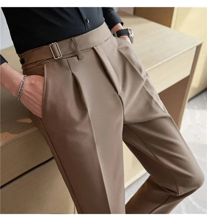 2026 Texture Naples Men's Solid Color Casual Pants Fashion Belt Design Slim Fit Suit Pants Formal Wear Wedding Social Trousers